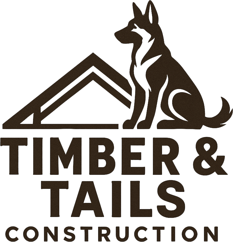 Timber & Tails Construction — german shepherd beside a roof truss